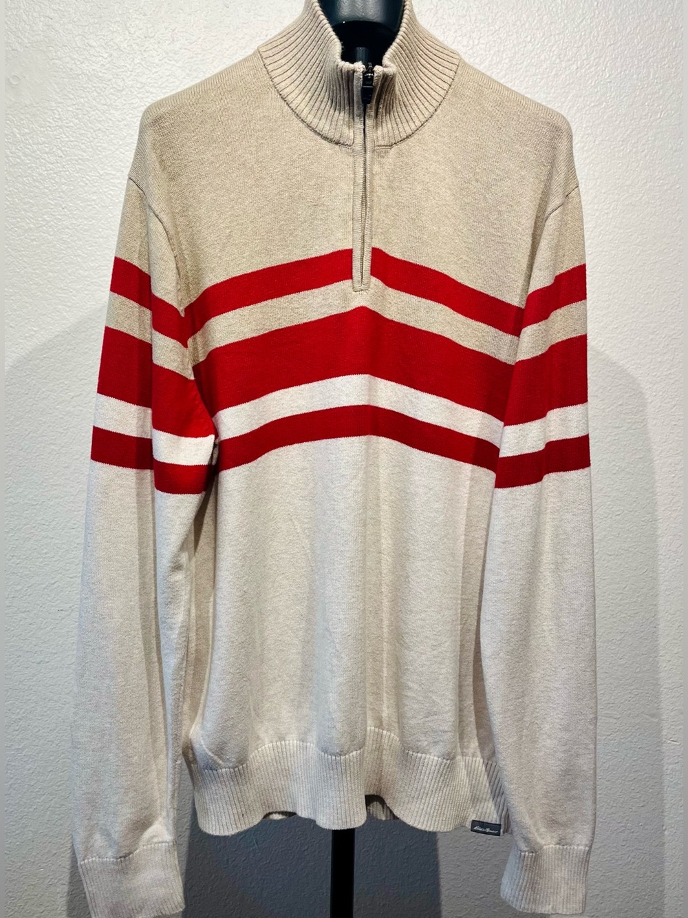 Eddie Bauer Cream Quarter-Zip Sweater with Red Stripes - Size L (Men’s)